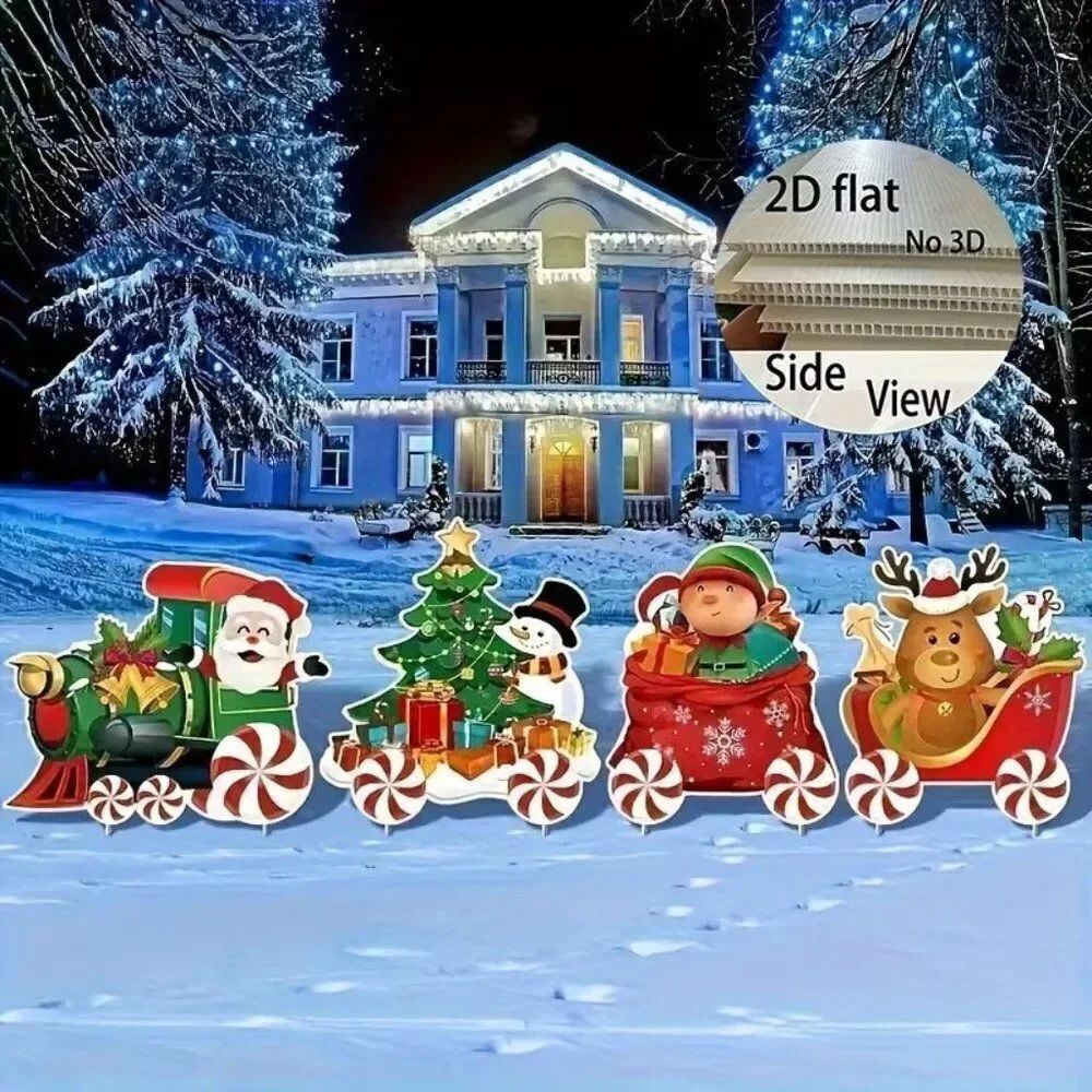 2D 4pcs Christmas Festive Train Outdoor Lawn Stakes Santa Snowman Reindeer Decor